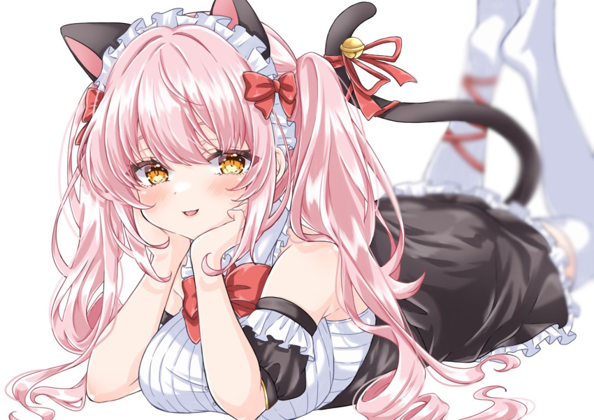 1girl animal_ears bell black_dress blush bow bowtie breasts cat_ears cat_tail character_request collar commission copyright_request dress frilled_collar frills fujimori_arata hair_bow head_rest highres long_hair looking_at_viewer lying maid_headdress medium_breasts on_stomach open_mouth pink_hair red_bow red_bowtie sidelocks simple_background skeb_commission sleeveless smile solo tail tail_bell tail_ornament thighhighs twintails white_background white_thighhighs yellow_eyes