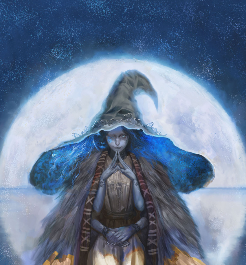 1girl blue_eyes blue_hair blue_headwear blue_skin cloak colored_skin cracked_skin doll dress elden_ring extra_arms extra_faces eyes_visible_through_headwear full_moon fur_cloak hands_on_lap hat highres ikeda_masateru large_hat looking_at_viewer moon night night_sky one_eye_closed ranni's_dark_moon ranni_the_witch sitting sky steepled_fingers white_dress witch witch_hat