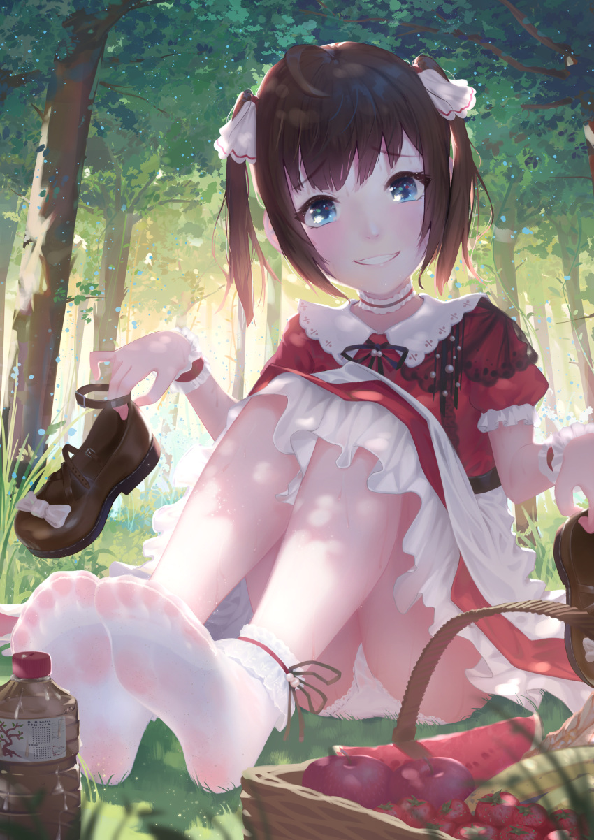 1girl absurdres ahoge apple banana basket black_ribbon blue_eyes blush bow brown_footwear choker dress eyelashes feet food frilled_choker frilled_dress frilled_socks frills fruit grass hair_ribbon hands_up highres holding impurmotive knees_up legs_together long_hair medium_hair neck_ribbon no_shoes original outdoors panties pink_bow plastic_bottle puffy_short_sleeves puffy_sleeves red_dress ribbon see-through see-through_legwear shoes shoes_removed short_sleeves sidelocks sitting socks soles solo strawberry teeth thighs toes tree twintails two-tone_dress underwear watermelon watermelon_slice white_choker white_dress white_panties white_ribbon white_socks