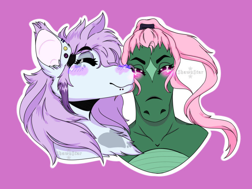 &lt;3 4:3 alligator alligatorid andromorph anthro blush crocodilian didelphid digital_media_(artwork) ear_piercing ear_ring eyes_closed facial_piercing fur green_body grey_body grey_fur gynomorph hair hi_res hybrid intersex kissing kissing_cheek lip_piercing mammal marsupial murid murine nose_piercing nose_ring piercing pink_hair ponytail purple_hair rat reptile ring_piercing rodent scalie sciurid septum_piercing shaded shawnstar simple_background smile solo solo_focus t4t trans_(lore)