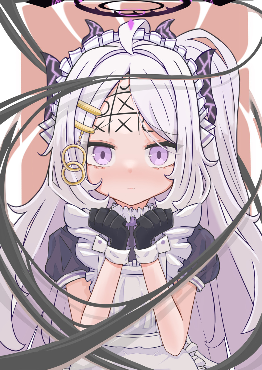 1girl absurdres ahoge alternate_costume apron black_gloves blue_archive blush closed_mouth commentary_request demon_girl demon_horns enmaided expeddddd forehead gloves hair_ornament hairclip halo hands_up highres hina_(blue_archive) horns looking_at_viewer maid maid_apron maid_headdress parted_bangs purple_eyes short_hair short_sleeves sidelocks solo tic-tac-toe white_hair