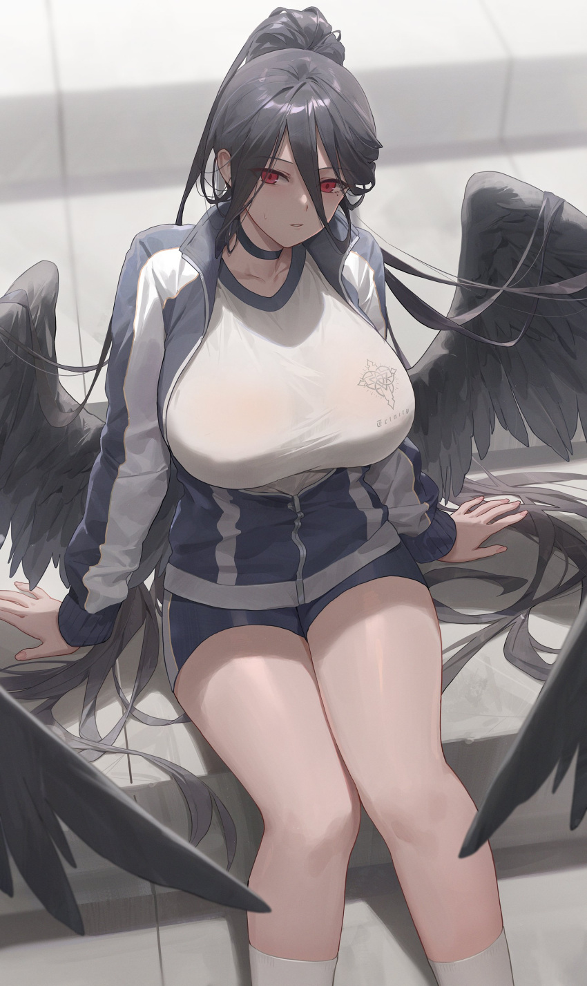 1girl absurdres black_choker black_hair blue_archive blush breasts choker collarbone commentary english_commentary feet_out_of_frame free_style_(yohan1754) hair_between_eyes hasumi_(blue_archive) hasumi_(track)_(blue_archive) highres jacket large_breasts long_hair looking_at_viewer low_wings mole mole_under_eye parted_lips partially_unzipped ponytail red_eyes shirt sitting socks solo thighs very_long_hair white_shirt white_socks wings