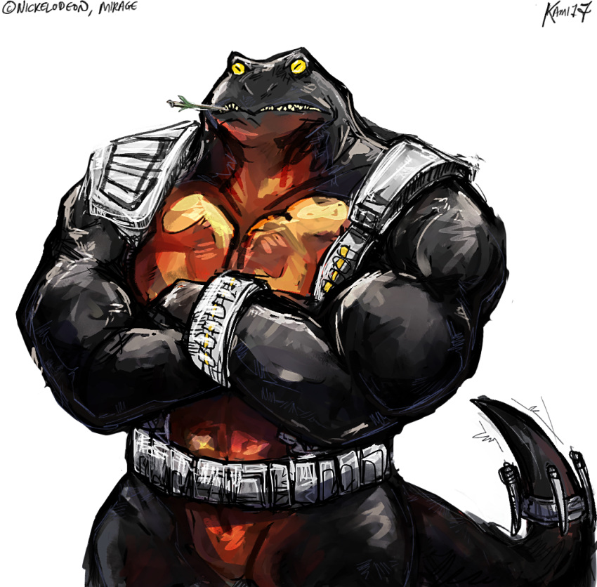 amphibian anthro aokamidu biceps black_body black_skin male muscular muscular_anthro muscular_male newt newtralizer orange_body orange_skin pecs salamander solo teenage_mutant_ninja_turtles