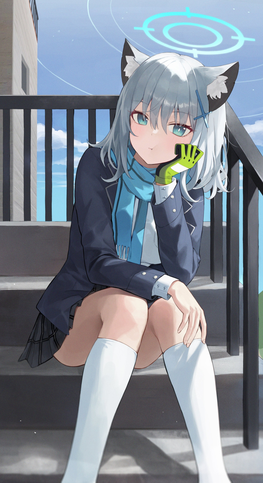 1girl absurdres animal_ear_fluff animal_ears aqua_eyes arm_support black_skirt blue_archive blue_scarf blue_sky bright_pupils cloud cloudy_sky cross_hair_ornament gloves green_gloves grey_hair hair_between_eyes hair_ornament halo highres kneehighs long_sleeves looking_at_viewer medium_hair mismatched_pupils outdoors pout scarf school_uniform shiroko_(blue_archive) shirt sidelocks single_glove sitting skirt sky socks solo stairs white_pupils white_shirt white_socks wolf_ears wolf_girl yeorem