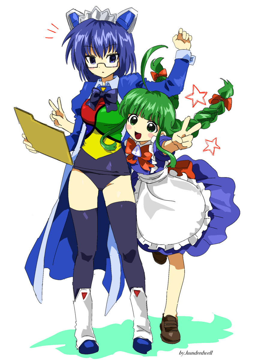 ! 100_(hundredwell) 2girls 2k-tan :d ahoge apron arm_up artist_name back_bow blue_coat blue_dress blue_eyes blue_hair blue_one-piece_swimsuit blunt_bangs blush_stickers bow bowtie braid breasts brown_footwear coat colored_shadow dark_blue_hair double_v dress floating_hair folder green_eyes green_hair green_one-piece_swimsuit hair_between_eyes hair_bow highres holding holding_folder huge_ahoge juliet_sleeves leg_up legs_apart loafers long_hair long_sleeves looking_at_another looking_at_viewer maid_apron me-tan medium_breasts multicolored_clothes multicolored_swimsuit multiple_girls multiple_hair_bows notice_lines old_school_swimsuit one-piece_swimsuit open_clothes open_coat open_mouth orange_bow orange_bowtie os-tan outstretched_arms puffy_short_sleeves puffy_sleeves purple_bow purple_bowtie purple_one-piece_swimsuit purple_thighhighs red_one-piece_swimsuit school_swimsuit shadow shoes short_hair short_sleeves sidelocks simple_background sleeve_cuffs smile standing standing_on_one_leg star_(symbol) swimsuit thighhighs thighs tsurime twin_braids v waist_apron white_apron white_background yellow_one-piece_swimsuit zettai_ryouiki