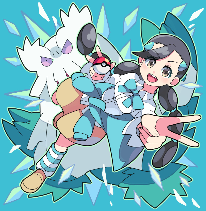 1girl :d abomasnow arm_up black_hair breasts brown_eyes brown_footwear brown_skirt candice_(pokemon) clothes_around_waist collared_shirt commentary_request green_background hair_ornament hairclip highres holding holding_poke_ball kneehighs multi-tied_hair open_mouth poke_ball poke_ball_(basic) pokemon pokemon_(creature) pokemon_(game) pokemon_dppt shirt shoes skirt smile socks sutokame sweater sweater_around_waist teeth tongue twintails upper_teeth_only v white_shirt
