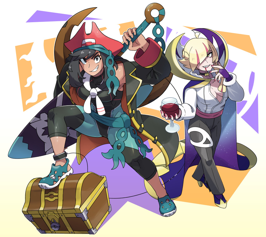 2girls absurdres aged_up bicorne black_hair blonde_hair cape cup drinking_glass halloween_costume hat highres jsketch12 juno_son lillie_(pokemon) multiple_girls pirate pirate_costume pirate_hat pokemon pokemon_(game) pokemon_sm selene_(pokemon) smile treasure_chest vampire wine_glass