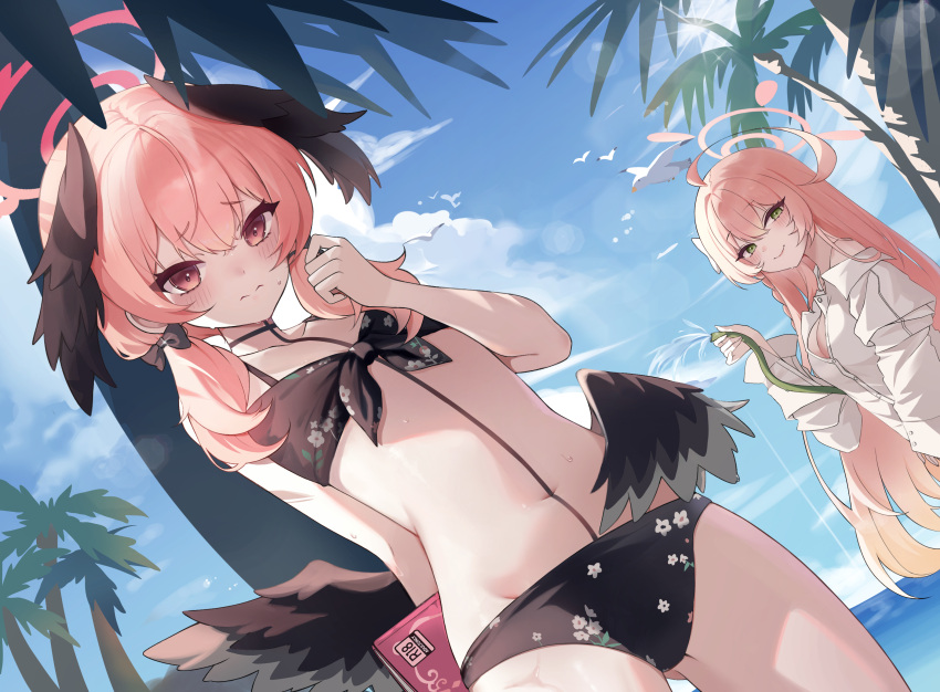 2girls ahoge bikini bird birthmark black_bikini black_wings blue_archive blue_sky blush breasts cleavage closed_mouth cloud cloudy_sky collared_shirt commentary doongdang double-parted_bangs dutch_angle feathered_wings floral_print_bikini front-tie_bikini_top front-tie_top green_eyes halo hanako_(blue_archive) hanako_(swimsuit)_(blue_archive) head_wings highres horizon koharu_(blue_archive) koharu_(swimsuit)_(blue_archive) large_breasts light_frown long_hair long_sleeves low_twintails low_wings multiple_girls navel official_alternate_costume official_alternate_hairstyle outdoors palm_tree pink_eyes pink_hair pink_halo puffy_long_sleeves puffy_sleeves seagull shirt sky smile stomach sunlight sweat swimsuit symbol-only_commentary tree twintails white_shirt wings