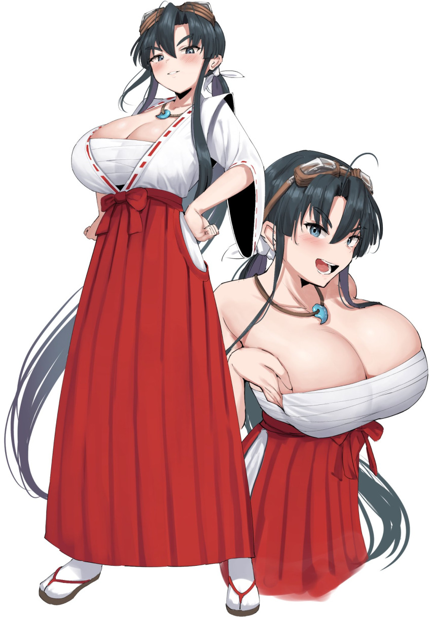 1girl ahoge bare_shoulders black_hair breasts breasts_squeezed_together chest_sarashi cleavage collarbone full_body goggles goggles_on_head grey_eyes hair_between_eyes hands_on_own_hips highres huge_breasts japanese_clothes jewelry long_skirt looking_at_viewer miko multiple_views narodenden necklace ponytail projected_inset robe sandals sarashi sengoku_ace sidelocks simple_background skindentation skirt smile socks solo togashi_koyori white_background white_robe white_socks