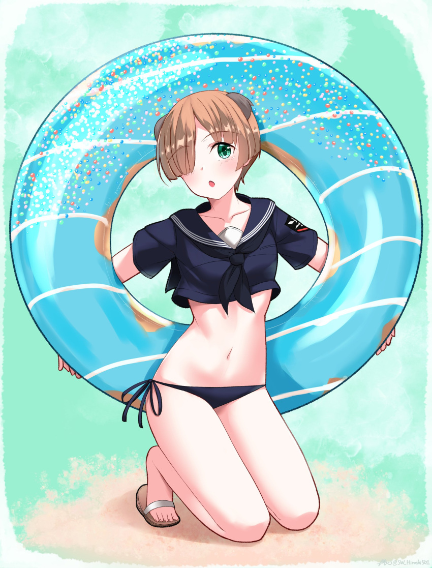 1girl absurdres animal_ears bikini blue_bikini blush breasts brown_hair collarbone dog_ears dress green_eyes hair_over_one_eye highres hiroshi_(hunter-of-kct) innertube joanna_elizabeth_stafford looking_at_viewer luminous_witches navel open_mouth sailor_dress sandals short_hair side-tie_bikini_bottom small_breasts solo swimsuit world_witches_series