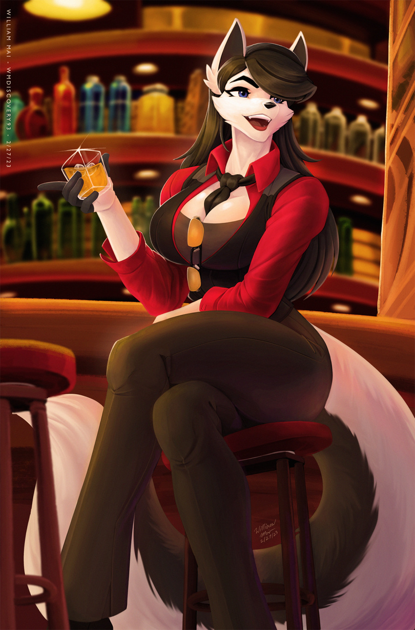 alcohol bar bar_stool beverage black_hair breasts canid canine canis cleavage clothed clothing eyewear female furniture gwynneth_mai hair hi_res mammal necktie sitting solo sparkles stool suit sunglasses whiskey whiskey_glass wmdiscovery93 wolf