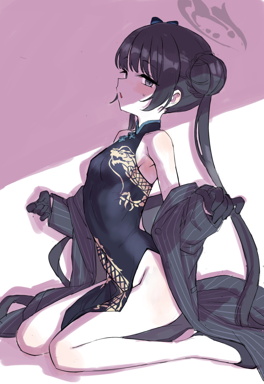 1girl arched_back armpit_crease ata_(tsumari) bare_shoulders black_dress black_gloves black_hair blue_archive blush breasts china_dress chinese_clothes coat coat_partially_removed commentary_request dragon_print dress flats from_side full_body gloves grey_eyes hair_bun half-closed_eyes halo highres kisaki_(blue_archive) long_hair looking_at_viewer looking_to_the_side mandarin_collar no_panties open_clothes open_coat open_mouth pelvic_curtain pinstripe_coat profile raised_eyebrows shadow side_slit sideboob sitting sleeveless sleeveless_dress solo sweat twintails very_long_hair w_arms wariza