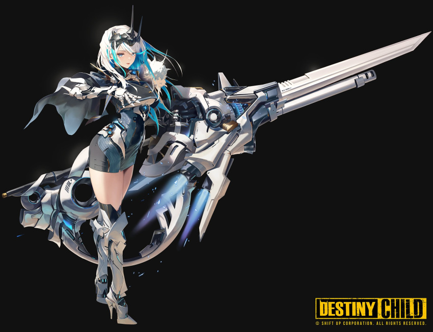 1girl armor armored_boots black_background blue_eyes blue_hair boots breast_curtains breasts character_request closed_mouth cropped_jacket crossed_legs destiny_child full_body gauntlets headgear highres holding holding_weapon jacket logo long_hair medium_breasts multicolored_hair official_art pencil_skirt simple_background skirt solo thigh_boots watson_cross weapon white_hair wonchun