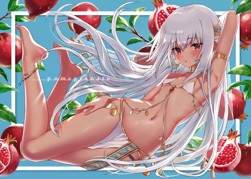 1girl anklet arm_behind_head arm_up armlet armpits barefoot blush braid breasts commentary_request dark-skinned_female dark_skin earrings expressionless feet_up floating_hair food french_braid fruit full_body gold_choker grey_hair harem_outfit headpiece highres jewelry komiya_nigi long_hair navel original parted_lips pelvic_curtain pomegranate red_eyes revealing_clothes small_breasts solo very_long_hair