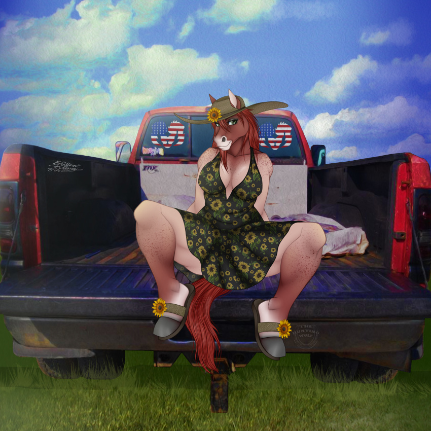 absurd_res anthro bovid caprine car equid equine female heather_hart hi_res hooves horse horsey jaynedoe mammal pinup pony pose solo summer thehuntingwolf truck vehicle