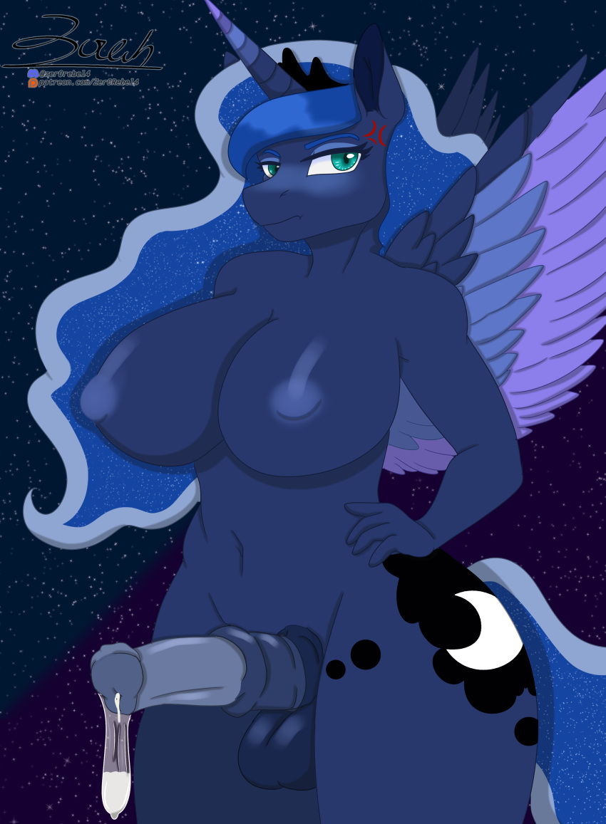 2023 absurd_res animal_genitalia animal_penis anthro anthrofied balls big_breasts blue_body blue_fur blue_hair bodily_fluids breasts butt condom cosmic_hair cross-popping_vein crown cum cutie_mark discord_(app) ejaculation embarrassed equid equine equine_genitalia equine_penis erection ethereal_hair eyeshadow feathered_wings feathers filled_condom flared_penis friendship_is_magic fur genital_fluids genitals green_eyes gynomorph hair hand_on_hip hasbro headgear hi_res horn horse huge_breasts intersex jealous makeup mammal medial_ring multicolored_wings my_little_pony navel nipples nude patreon penis pony princess_luna_(mlp) sexual_barrier_device small_penis solo sparkly_hair spread_wings text url wearing_condom wide_hips winged_unicorn wings zer0rebel4