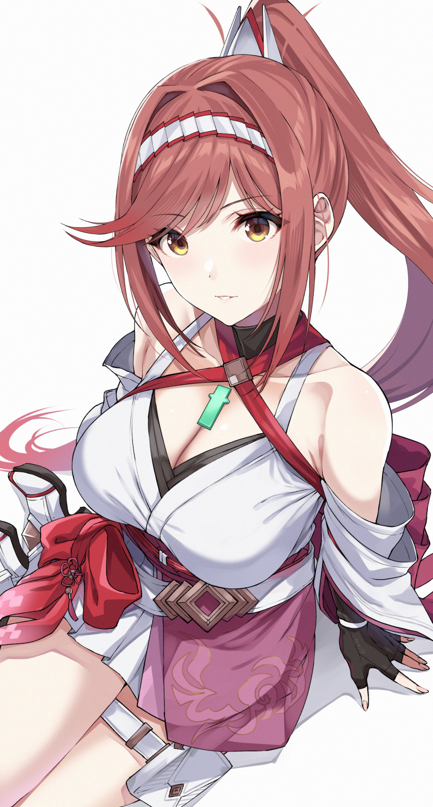 1girl absurdres bare_shoulders breasts chest_jewel cleavage core_crystal_(xenoblade) criss-cross_halter detached_sleeves fingerless_gloves glimmer_(xenoblade) gloves halterneck high_ponytail highres japanese_clothes kimono large_breasts long_hair looking_at_viewer obi parted_lips ponytail red_hair sash solo swept_bangs white_kimono wide_sleeves xenoblade_chronicles_(series) xenoblade_chronicles_2 xenoblade_chronicles_3 xenoblade_chronicles_3:_future_redeemed yuuki_shin