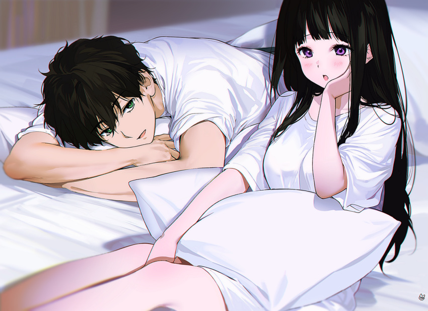 1boy 1girl artist_logo bare_legs bed black_hair blanket blush breasts brown_hair chitanda_eru chromatic_aberration dress_shirt green_eyes hand_on_own_cheek hand_on_own_face holding holding_pillow hyouka large_breasts long_hair looking_at_another lying mery_(yangmalgage) on_bed on_stomach open_mouth oreki_houtarou pillow purple_eyes shadow shirt short_hair short_sleeves sidelocks simple_background sitting smile white_shirt