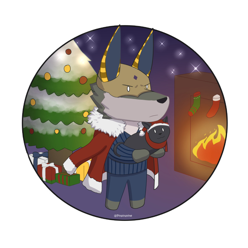 1:1 2022 absurd_res anthro anubian_jackal artist_name biped black_nose canid canine canis chibi christmas christmas_tree clothed clothing coat coat_cape dislyte domestic_cat duo felid feline felis feral full-length_portrait fur grey_body grey_fur hi_res holidays jackal lifted male mammal mask pinpinavine plant portrait sander_(dislyte) simple_eyes suit topwear tree