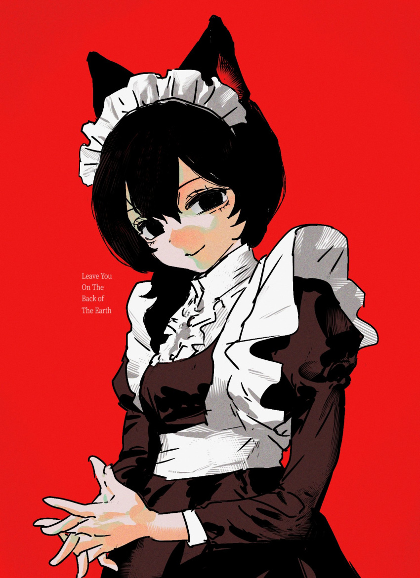1girl an1th1ngnb animal_ears apron black_dress black_eyes black_hair cat_ears chikyuu_no_ura_(cevio) closed_mouth dress english_text highres juliet_sleeves long_hair long_sleeves looking_at_viewer maid_headdress own_hands_together puffy_sleeves red_background smile solo song_name upper_body white_apron