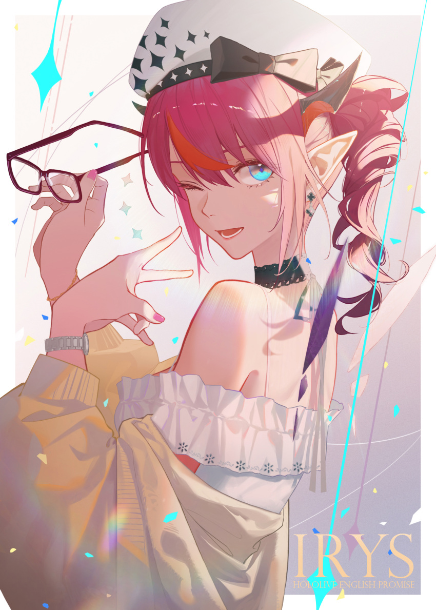 1girl blue_eyes breasts detached_collar dress earrings glasses highres hololive hololive_english horns irys_(casualrys)_(hololive) irys_(hololive) jewelry medium_hair multicolored_hair nail_polish official_alternate_costume one_eye_closed pink_eyes pink_nails pointy_ears purple_hair red_hair reirz smile v virtual_youtuber watch wristwatch