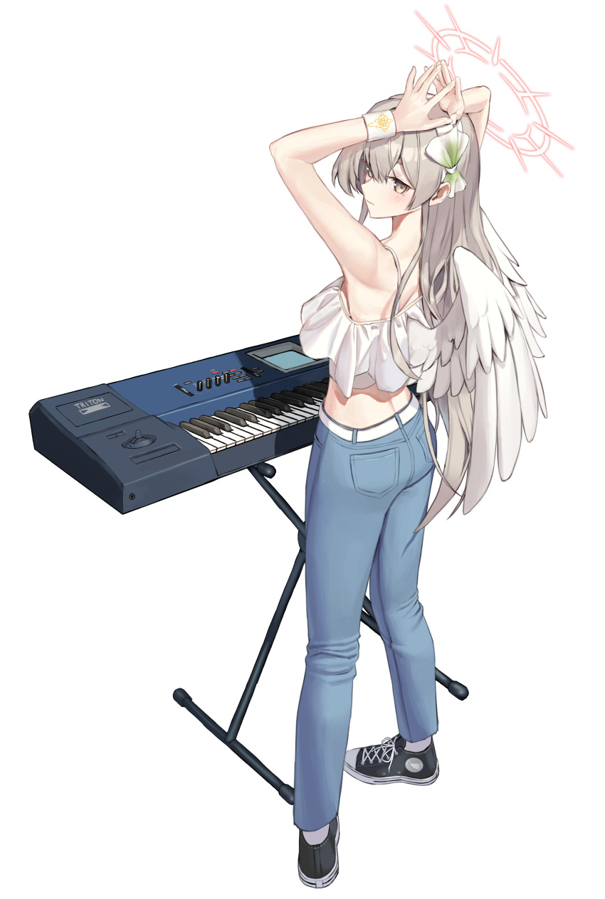 1girl absurdres arms_up blue_archive blush crop_top denim feathers halo highres instrument jeans keyboard_(instrument) korg_triton laza_(0ldsong) light_brown_hair long_hair looking_at_viewer looking_back nagisa_(blue_archive) own_hands_together pants simple_background solo transparent_background very_long_hair white_wings wings wristband