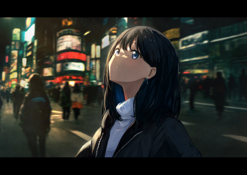 1girl alternate_costume black_hair black_jacket blue_eyes city gridman_universe highres jacket kissshotmagia letterboxed long_hair looking_up night photo_background ssss.gridman sweater takarada_rikka turtleneck turtleneck_sweater