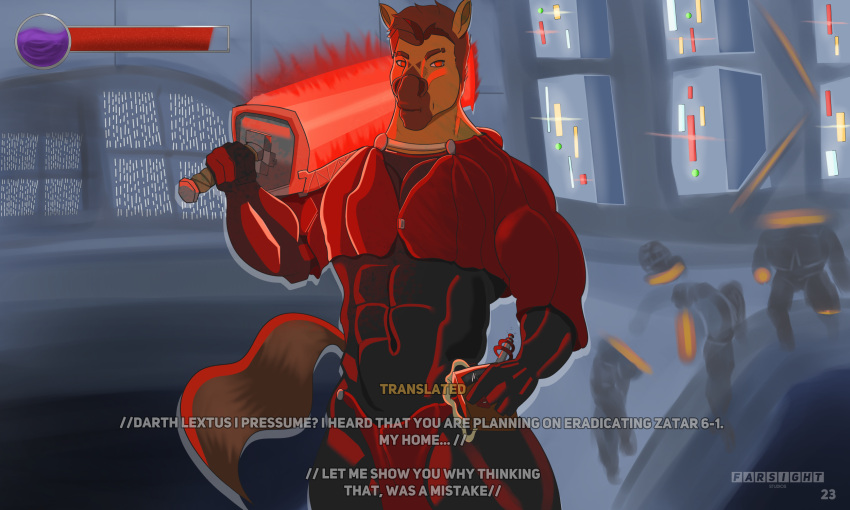 anthro bodysuit chocolatefunhouse69 clothed clothing dialogue dismemberment equid equine fur hi_res lightsaber male mammal melee_weapon muscular orange_eyes richard_l_farsight science_fiction skinsuit solo star_wars tight_clothing violence weapon yellow_body yellow_fur