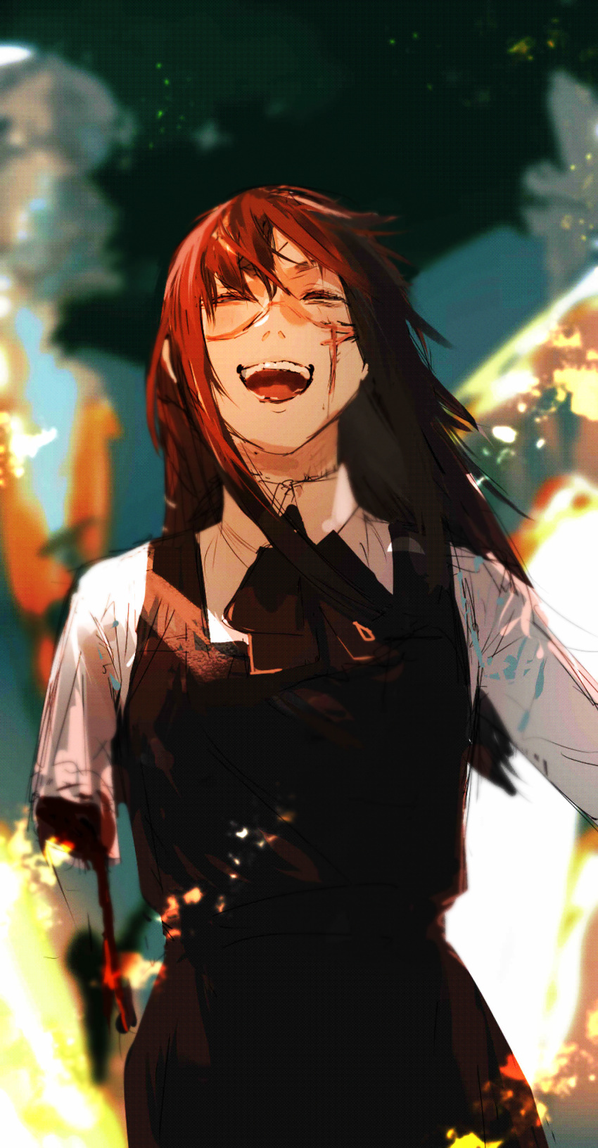 absurdres black_hair blood chainsaw_man closed_eyes fourth_east_high_school_uniform highres laughing long_hair lupo_(lupoyorosiku) messy_hair missing_limb scar scar_on_face school_uniform teeth upper_teeth_only yoru_(chainsaw_man)