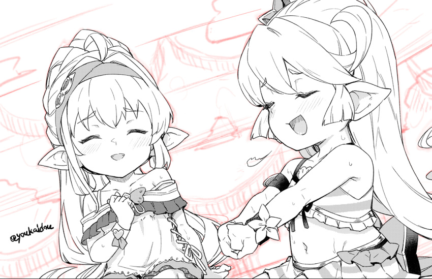 2girls =3 arm_support armband back_bow belly bikini bikini_skirt blush bow braid character_request charlotta_(granblue_fantasy) clenched_hand closed_eyes collarbone commentary_request draph flat_chest frilled_bikini frills granblue_fantasy greyscale hair_between_eyes hair_flaps hairband hand_up interlocked_fingers jingai_modoki long_hair monochrome multiple_girls navel open_mouth petite pointy_ears ponytail sidelocks sitting sketch_background smile smug striped striped_bikini swimsuit twitter_username wet wrist_cuffs