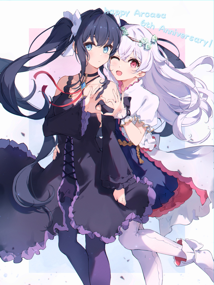 2girls absurdres anniversary arcaea bai-hyacinth bare_shoulders behind_another black_choker black_hair black_ribbon blue_background blue_dress blue_eyes boots border breasts choker cleavage closed_mouth collarbone crossed_bangs detached_sleeves dress expressionless flower frilled_dress frills gem gradient_background hair_flower hair_ornament hair_ribbon hand_on_another's_waist happy_birthday head_tilt heart heart_hands heart_hands_duo highres hikari_(arcaea) jewelry leg_up long_dress long_hair long_sleeves looking_at_viewer medium_breasts multicolored_background multicolored_clothes multicolored_dress multiple_girls neck_ribbon one_eye_closed open_mouth pantyhose pendant pendant_choker pink_background pink_eyes puffy_short_sleeves puffy_sleeves purple_dress purple_pantyhose ribbon ribbon-trimmed_dress scrunchie short_sleeves sidelocks smile tairitsu_(arcaea) text_background thighhighs twintails very_long_hair white_border white_dress white_footwear white_hair white_ribbon white_scrunchie white_thighhighs wide_sleeves