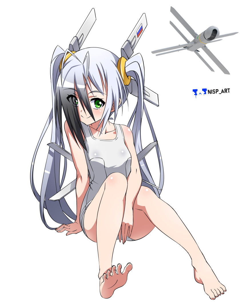 1girl absurdres antenna_hair barefoot eyes_visible_through_hair feet green_eyes hair_over_one_eye highres mecha_musume military nisp_art one-piece_swimsuit original personification russian_army russian_flag soles spread_toes swimsuit toes twintails uav watermark white_hair white_swimsuit zala_lancet