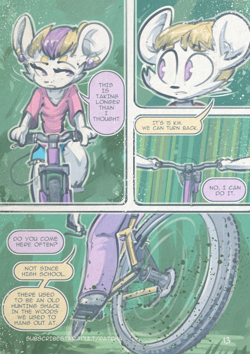 2023 absurd_res anthro bicycle bottomwear brother_(lore) brother_and_sister_(lore) clothed clothing comic cycling dialogue duo ear_piercing english_text female fur hair hi_res iris_(ratcha) male mammal mouse murid murine outside piercing ratcha rodent sibling_(lore) sister_(lore) skye_(ratcha) speech_bubble text topwear twins_(lore) white_body white_fur