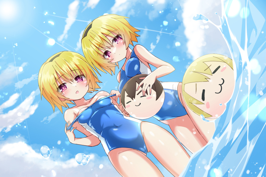 3105lave ball black_hairband blonde_hair blue_one-piece_swimsuit blue_sky breasts clothes_pull cloud covered_navel day dual_persona hairband highres higurashi_no_naku_koro_ni holding houjou_satoko houjou_satoshi maebara_keiichi one-piece_swimsuit one-piece_swimsuit_pull outdoors red_eyes short_hair sky small_breasts standing swimsuit two-tone_swimsuit wading water