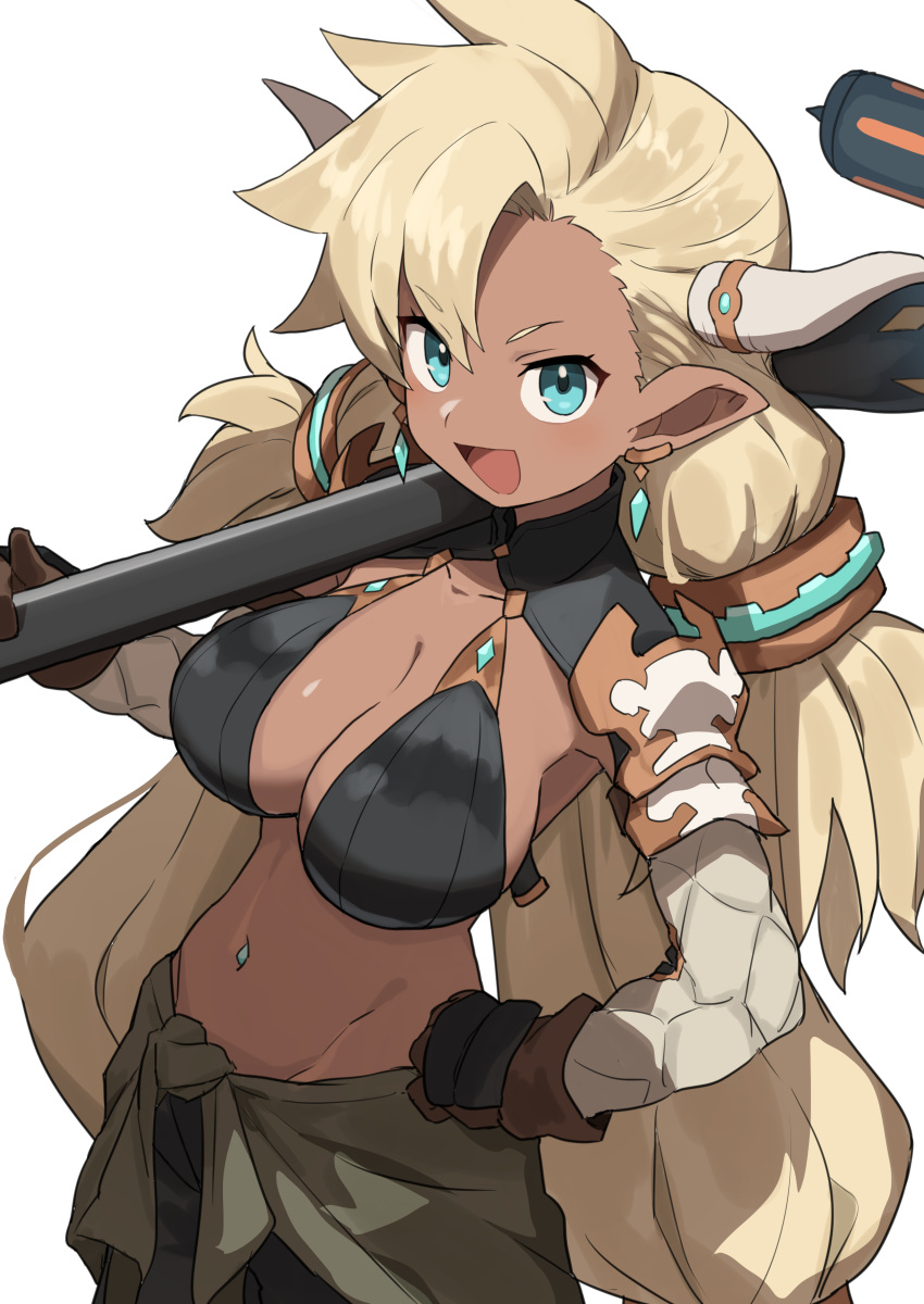 1girl absurdres almeida_(granblue_fantasy) asymmetrical_bangs bikini blonde_hair blue_eyes breasts cleavage clothes_around_waist cowboy_shot dark-skinned_female dark_skin draph earrings gazacy_(dai) gloves granblue_fantasy highres horns jewelry large_breasts linea_alba long_hair looking_at_viewer midriff navel navel_piercing open_mouth over_shoulder piercing pointy_ears shirt shirt_around_waist shrug_(clothing) smile solo swimsuit very_long_hair weapon weapon_over_shoulder white_background