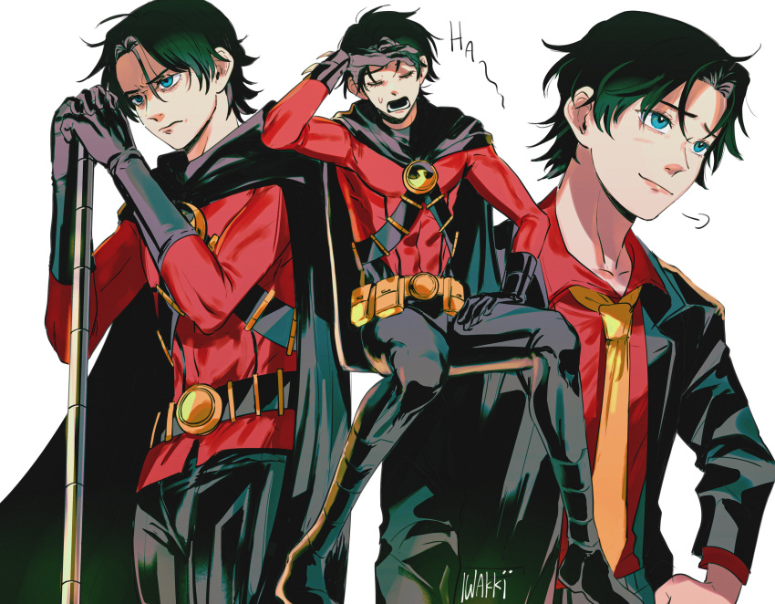 1boy absurdres animification batman_(series) belt bishounen black_cape black_footwear black_gloves black_hair blue_eyes cape dc_comics english_commentary formal gloves highres iwakki lower_teeth_only male_focus necktie red_robin short_hair solo staff teeth tim_drake utility_belt white_background yellow_necktie