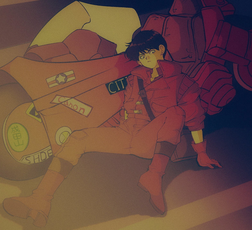 1980s_(style) 1boy akira canon_(company) citizen gloves highres jacket kaneda_shoutarou's_bike kaneda_shoutarou_(akira) motor_vehicle motorcycle on_floor pants pikurusu red_footwear red_gloves red_jacket red_pants retro_artstyle solo sticker