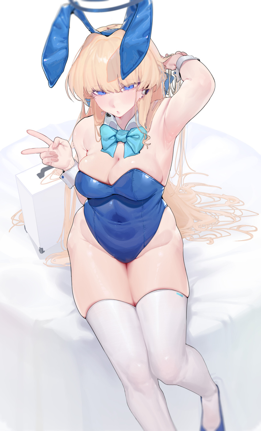 1girl absurdres animal_ears aqua_bow aqua_bowtie arm_up armpits bed_sheet blonde_hair blue_archive blue_eyes blue_footwear blue_leotard blush bow bowtie breasts cleavage covered_navel detached_collar fake_animal_ears groin halo highleg highleg_leotard highres leotard looking_at_viewer medium_breasts playboy_bunny rabbit_ears rounan58287 sitting solo strapless strapless_leotard thighhighs thighs toki_(blue_archive) toki_(bunny)_(blue_archive) v white_thighhighs wrist_cuffs