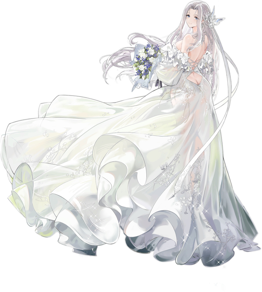 1girl ass azur_lane backless_dress backless_outfit bare_shoulders blue_eyes bouquet breasts butt_crack closed_mouth dress flower frills full_body hair_ornament highres kurumi_(recycllamo) long_dress long_hair long_skirt looking_at_viewer looking_back medium_breasts official_art parted_bangs see-through simple_background skirt smile solo sparkle wedding_dress white_dress white_hair yorktown_(azur_lane) yorktown_(towards_tomorrow's_brilliant_breeze)_(azur_lane) yorktown_ii_(azur_lane)