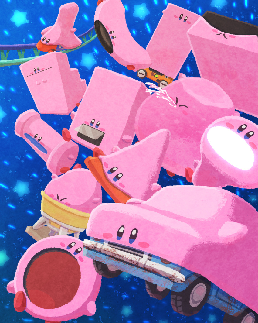 absurdres blush_stickers car ground_vehicle highres kirby kirby_(series) miclot motor_vehicle mouthful_mode no_humans open_mouth roller_coaster spitting stairs traffic_cone vending_machine water