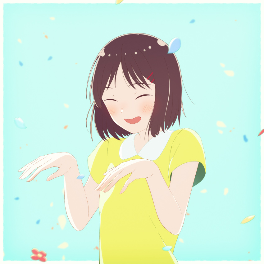 1girl ^_^ blouse blue_background blurry blurry_background blush bob_cut breasts brown_hair closed_eyes commentary confetti depth_of_field facing_viewer falling_petals flower green_shirt hair_ornament hair_strand hairclip hands_up highres iwakura_mitsumi open_mouth outside_border paw_pose petals pink_flower sakakidani shirt short_hair short_sleeves skip_to_loafer small_breasts smile solo upper_body