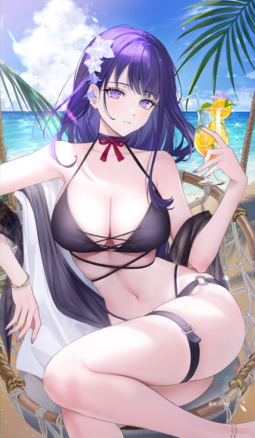 1girl absurdres arm_rest bikini blue_sky bracelet breasts chair cleavage closed_mouth cloud cocktail_umbrella cup day drinking_straw flower food fruit genshin_impact hair_flower hair_ornament highres holding holding_cup jewelry large_breasts looking_at_viewer mole mole_under_eye navel ocean orange_(fruit) orange_slice outdoors purple_eyes purple_hair purple_nails raiden_shogun rity sitting sky solo stomach swimsuit thigh_strap