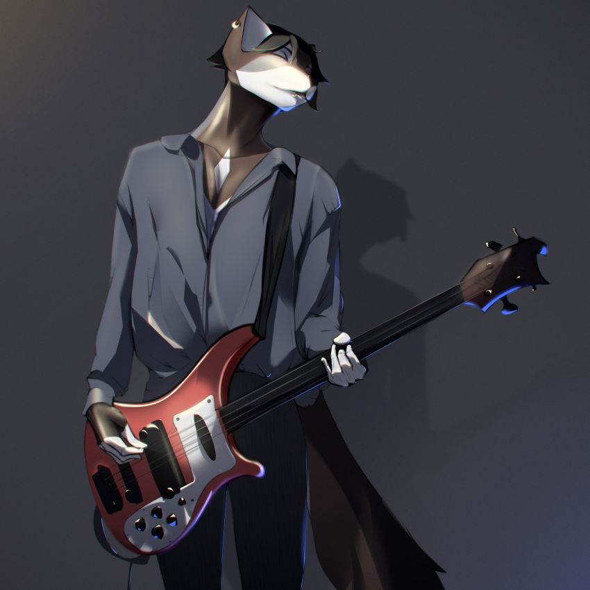 action_pose animal_humanoid anthro bass_guitar blue_clothing blue_light blue_lights blue_shirt blue_topwear brown_body canid canid_humanoid canine canine_humanoid canis clothing colored colored_sketch dog_humanoid ears_front ears_up euphoria folds guitar guitar_solo hair hands hi_res highlights_(coloring) humanoid hybrid male male/male mammal mammal_humanoid musical_instrument piercing plucked_string_instrument pose red_guitar shaded shaded_face shirt sketch smile smiley_face solo stophon string_instrument tail topwear white_body wolf wolfdog