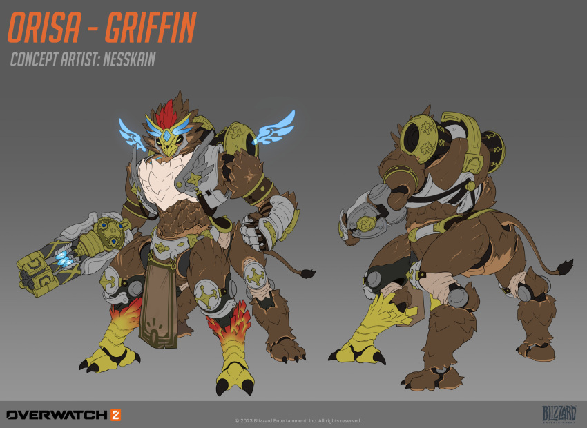 1girl 2023 artist_name bird_legs bird_wings character_name clenched_hand copyright_name english_commentary grey_background griffin highres logo nesskain official_alternate_costume omnic orisa_(overwatch) overwatch overwatch_2 robot simple_background solo tail weapon wings