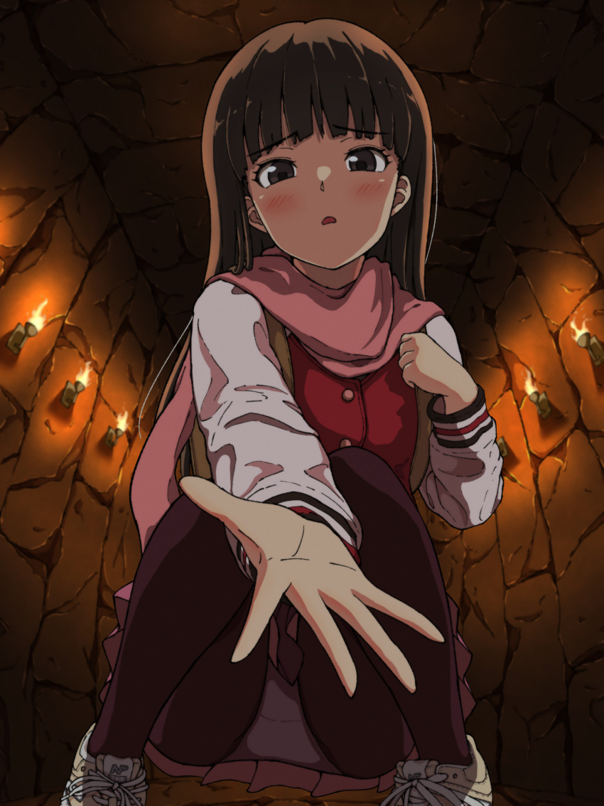 1girl absurdres amagami ayatsuji_tsukasa backlighting backpack bag black_hair black_pantyhose blunt_bangs blush brown_eyes brown_footwear casual ceiling commentary crotch_seam fire flame from_below highres holding_strap jacket letterman_jacket light_frown long_hair long_sleeves looking_at_viewer looking_down multicolored_clothes multicolored_jacket open_mouth outstretched_arm panties panties_under_pantyhose pantyhose pantyshot pink_scarf pink_skirt pleated_skirt raised_eyebrows ranmaru_(jackpot_1123) reaching_towards_viewer scarf school_bag shaded_face shoes skirt sneakers solo squatting stone_wall torch two-tone_jacket underwear upskirt wall white_jacket white_panties