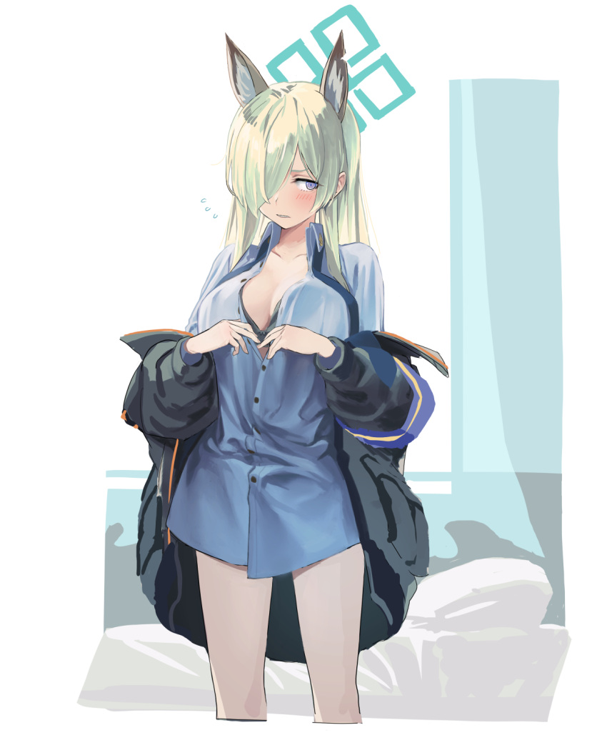 1girl animal_ear_fluff animal_ears armband bed black_bra black_jacket blonde_hair blue_archive blue_eyes blue_necktie blue_shirt bra breasts cleavage collared_shirt extra_ears flying_sweatdrops hair_over_one_eye halo highres jacket kanna_(blue_archive) long_hair looking_to_the_side necktie ningen_(ningen96) no_pants notched_ear off_shoulder partially_unbuttoned shirt solo standing underwear