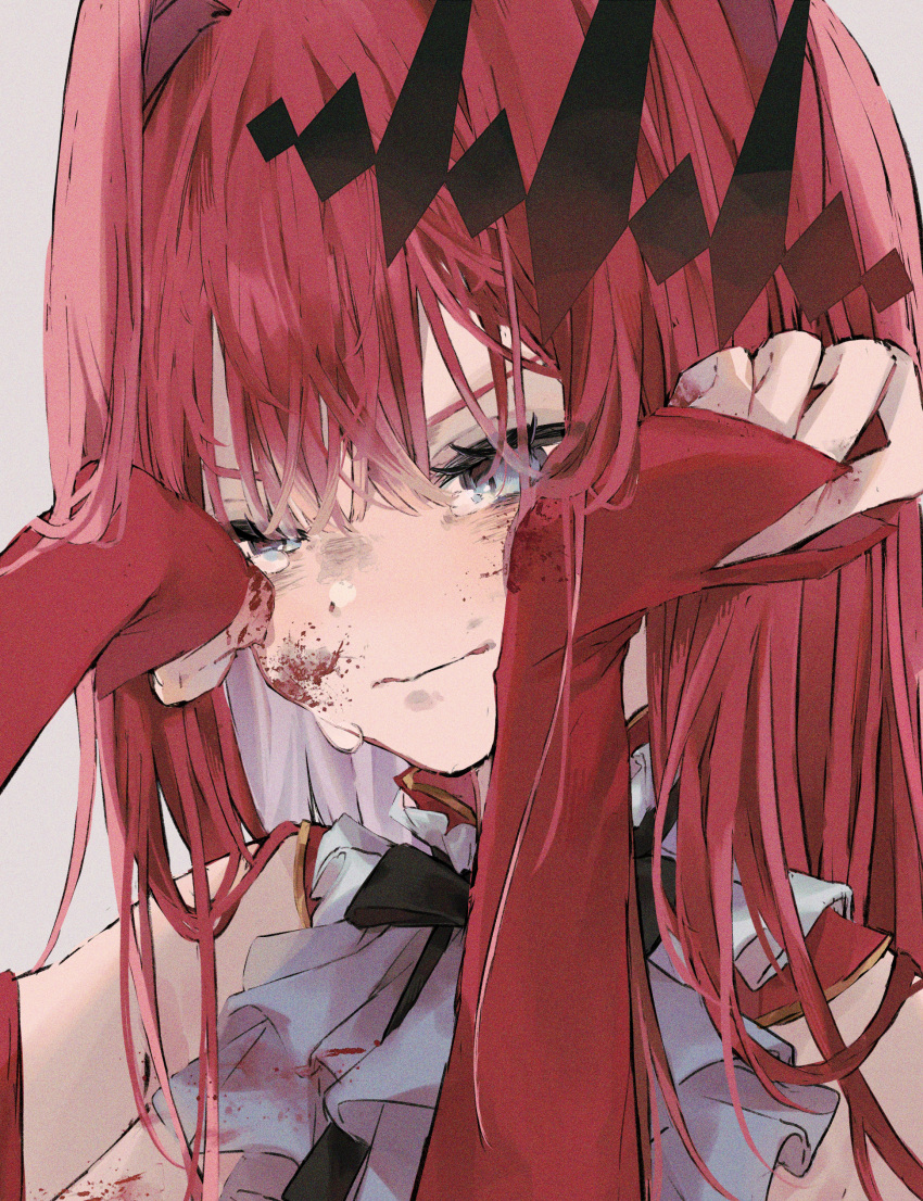 1girl absurdres ascot baobhan_sith_(fate) baobhan_sith_(first_ascension)_(fate) black_ribbon blood blood_on_breasts blood_on_face blood_on_hands closed_mouth crying crying_with_eyes_open detached_sleeves eyelashes fate/grand_order fate_(series) film_grain grey_ascot grey_background grey_eyes hair_between_eyes hands_up highres long_hair long_sleeves neck_ribbon neko_(h_i05) portrait red_hair red_sleeves ribbon simple_background sleeves_past_wrists solo tears tiara wiping_tears