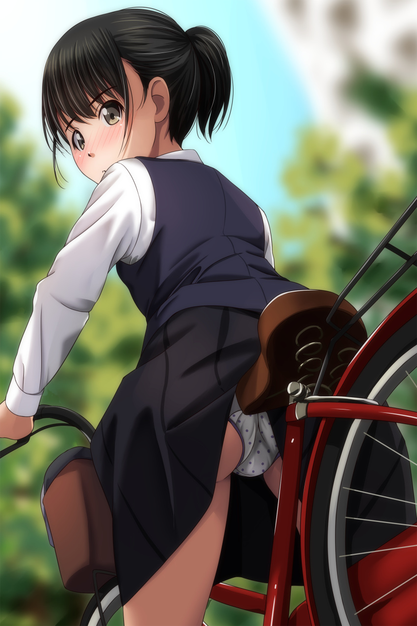 1girl :o absurdres accidental_exposure bicycle black_hair black_skirt blue_vest blurry blurry_background blush brown_eyes collared_shirt day depth_of_field from_behind from_below ground_vehicle highres looking_at_viewer looking_back looking_down matsunaga_kouyou nose_blush original outdoors panties parted_lips pleated_skirt polka_dot polka_dot_panties ponytail school_uniform shirt short_hair sidelocks skirt solo underwear vest white_panties white_shirt