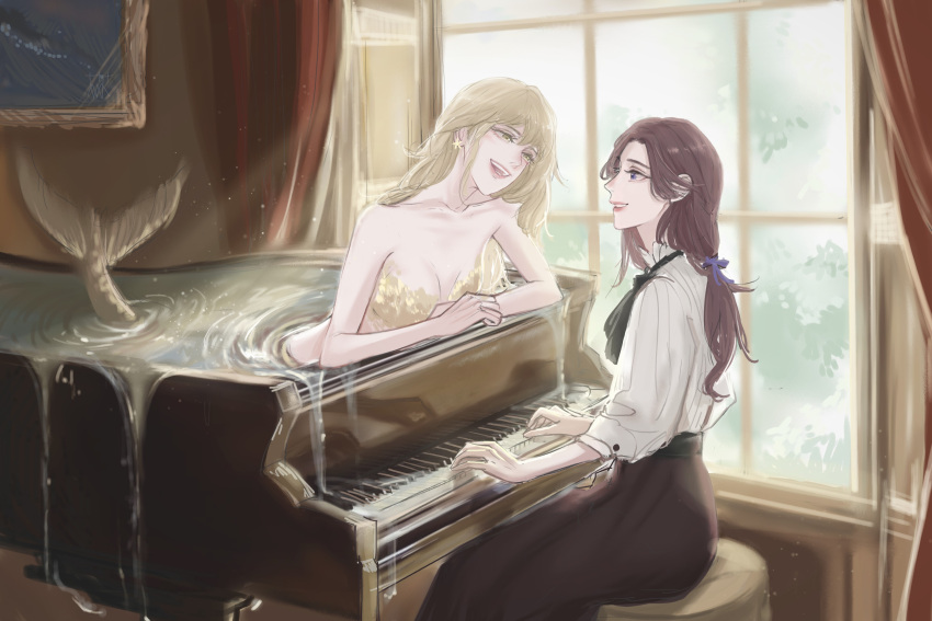 2girls absurdres ascot bare_shoulders black_ascot black_skirt blonde_hair blue_eyes breasts brown_hair cleavage commentary curtains deerwhisky earrings english_commentary eye_contact highres indoors instrument jewelry large_breasts long_hair looking_at_another mermaid mixed-language_commentary monster_girl multiple_girls music open_mouth original playing_instrument playing_piano shirt sitting skirt smile star_(symbol) star_earrings sunlight upper_body water white_shirt window yellow_eyes yuri