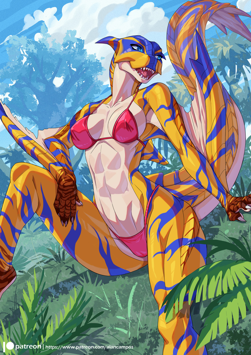 2023 abs alanscampos anthro bikini blue_body blue_eyes breasts capcom clothing collarbone female flying_wyvern glistening glistening_body grass hand_on_leg hand_on_thigh hi_res membrane_(anatomy) membranous_wings monster_hunter nipple_outline open_mouth outside pink_bikini pink_clothing pink_swimwear plant pupils sharp_teeth sitting slit_pupils solo striped_body stripes swimwear tan_body teeth tigrex tree wings yellow_body